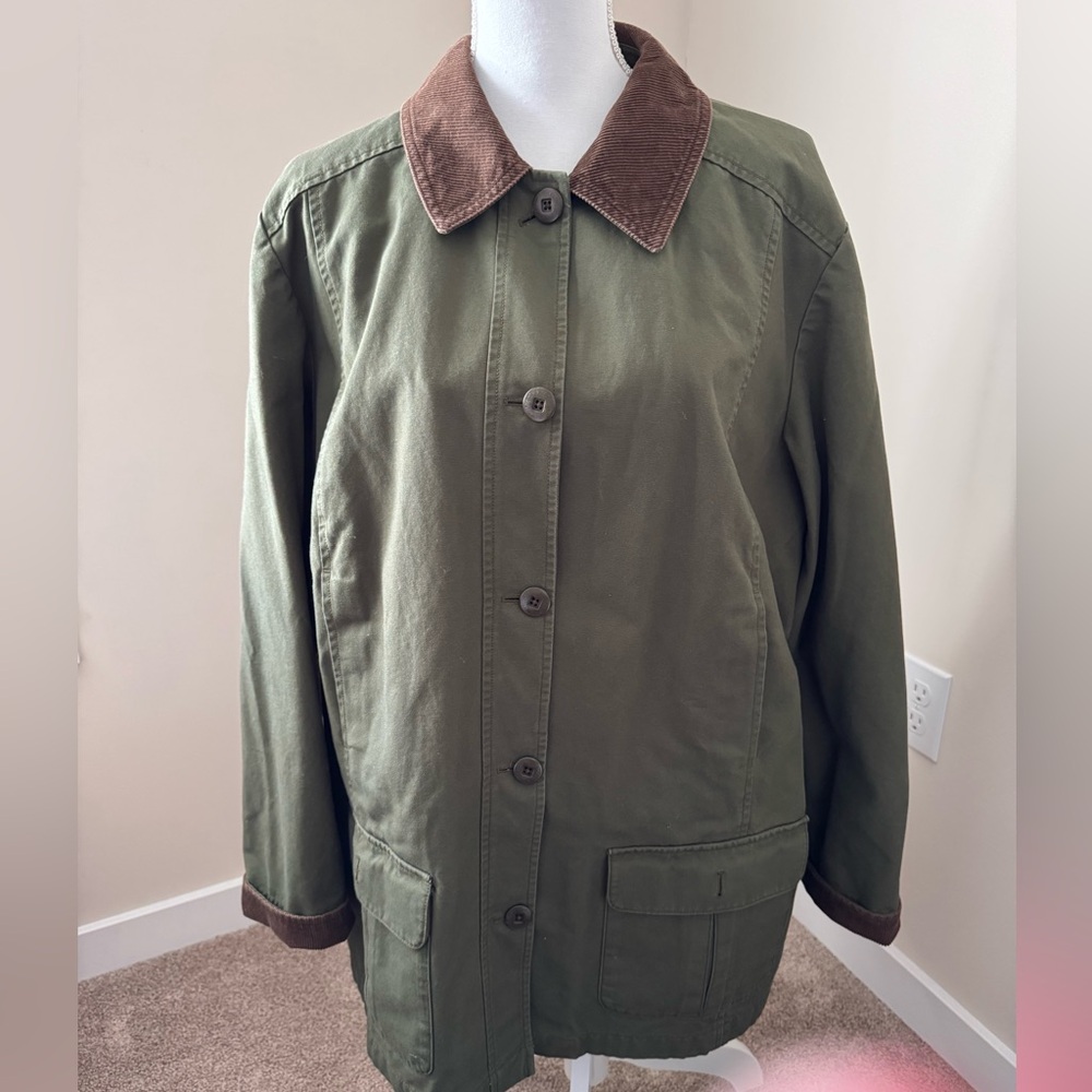 LL Bean Olive Green Women's Utility Jacket with Brown Corduroy Collar